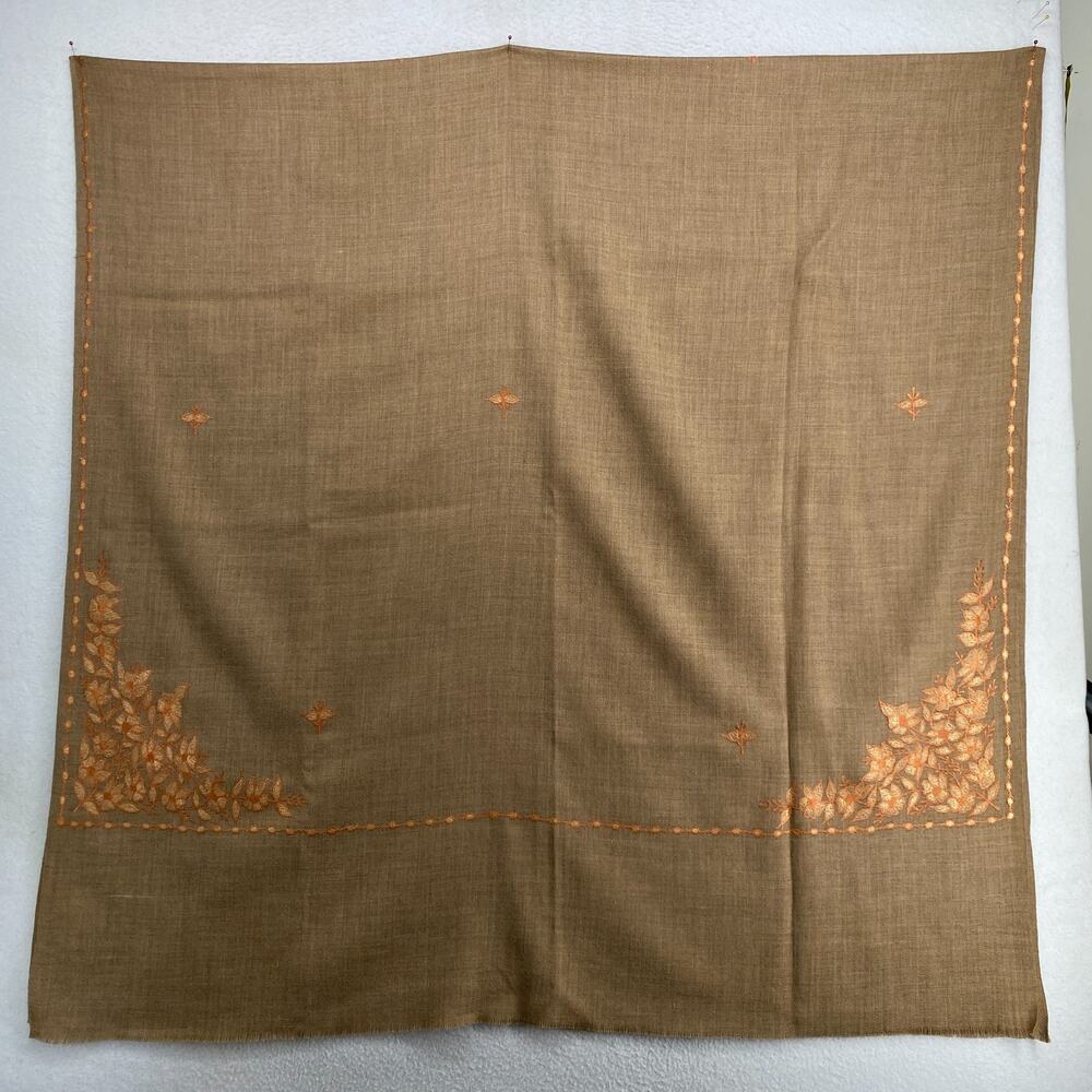Wool Scarf Shawl Kashmiri Wrap Embroidered Floral Oversized Fringe Camel Brown - Picture 7 of 11
